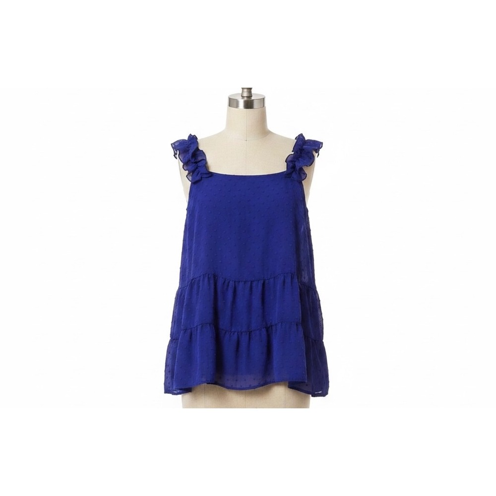 Vintage Pom Pom‎ Ruffled Sleeveless  Square Neckline Tiered Top Blue Size Small